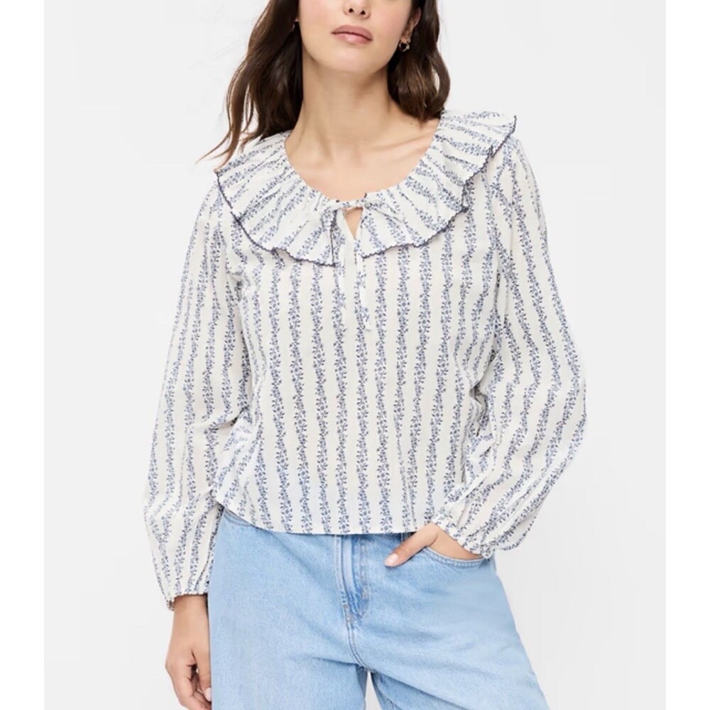 Old Navy Top Long Sleeve Ruffle Tie Neck Blue Minimalist Work Preppy Medium NWT